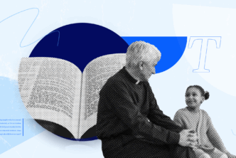 An elderly man teaching a young girl. A Bible in the background highlights the importance of theology in shaping Christian teaching methods.