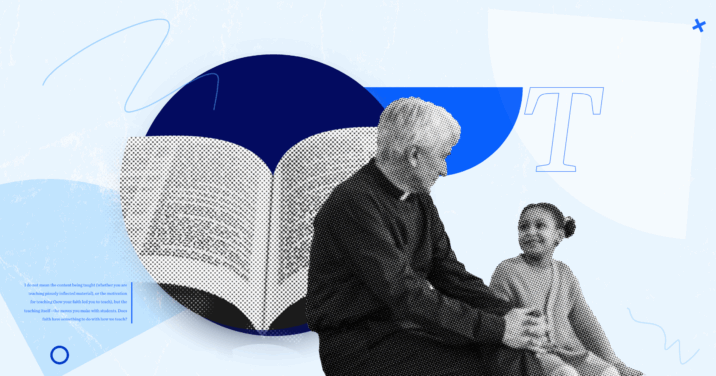 An elderly man teaching a young girl. A Bible in the background highlights the importance of theology in shaping Christian teaching methods.