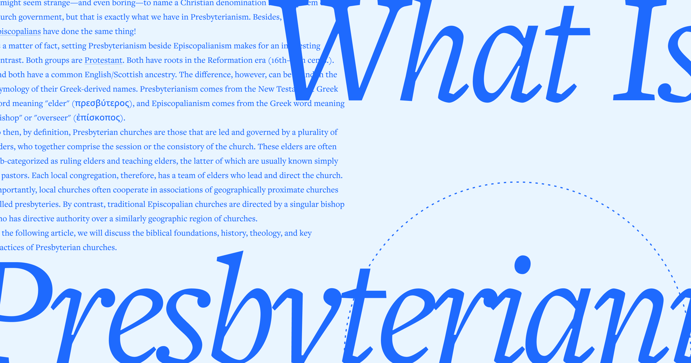 The words What is Presbyterianism in large script font with a portion of the article text in the background.