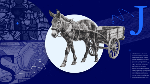 A dark blue background with imagery from Jesus ministry like a donkey, the script letters J and S, and a portion of the article text on the bottom right to represent Jesus as the greater Solomon.