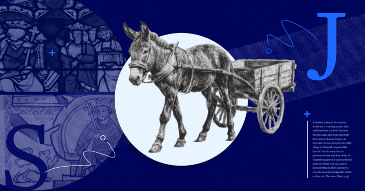 A dark blue background with imagery from Jesus ministry like a donkey, the script letters J and S, and a portion of the article text on the bottom right to represent Jesus as the greater Solomon.