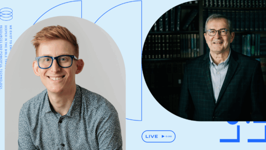 An image of Joel Beeke and Kirk E. Miller with design from the show, Logos Live, in the background.