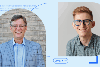 An image of David Helm and Kirk E. Miller with design from the show, Logos Live, in the background.