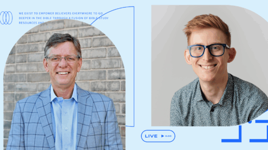 An image of David Helm and Kirk E. Miller with design from the show, Logos Live, in the background.