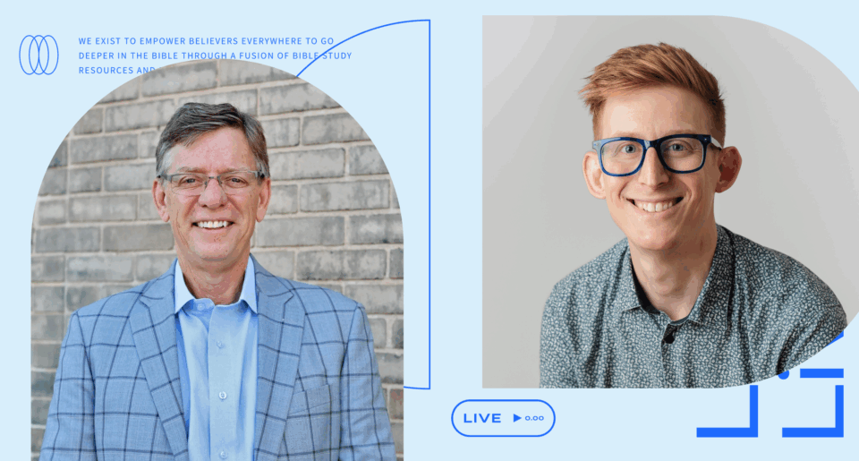 An image of David Helm and Kirk E. Miller with design from the show, Logos Live, in the background.