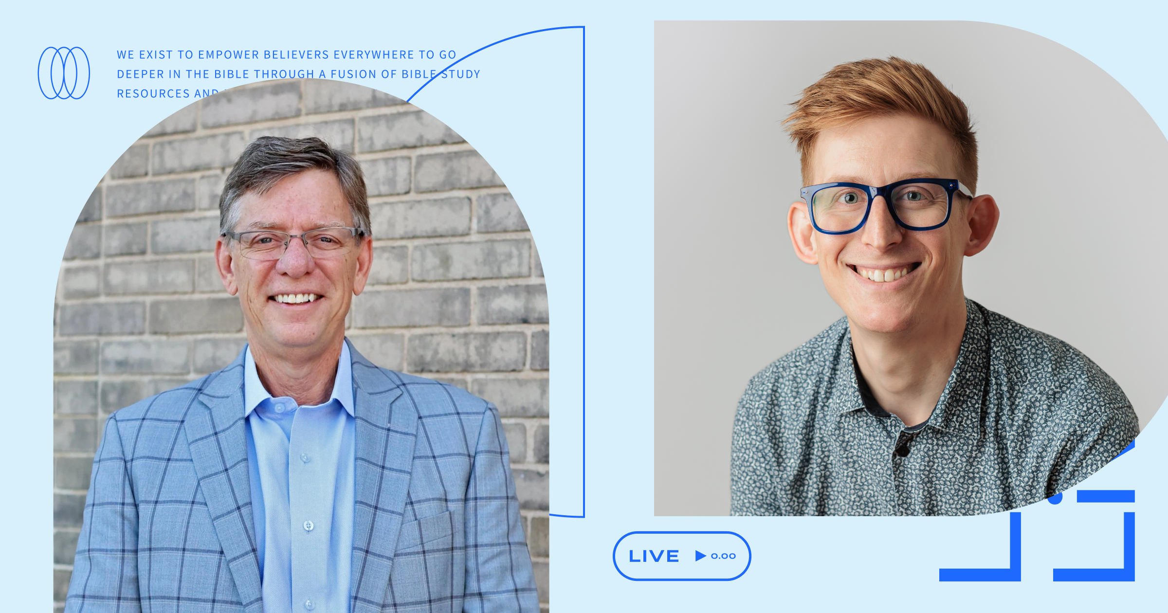 An image of David Helm and Kirk E. Miller with design from the show, Logos Live, in the background.