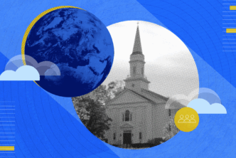 A collage showing the globe, clouds, and a Baptist church with a steeple, symbolizing Baptist denominations and their global presence.
