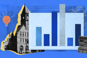 A collage featuring a historic seminary building, bar graph representing enrollment data, a stack of books, and a glowing lightbulb symbolizing learning and ideas, all set against a blue academic-themed background.
