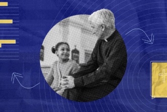 An elderly man speaking with a young girl to represent the importance of making catechism class meaningful.