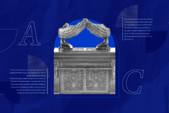 A collage featuring the Ark of the Covenant with two golden cherubim facing each other on top, set against a deep blue patterned background with large letters A and C and biblical text excerpts from Exodus about the construction of the ark