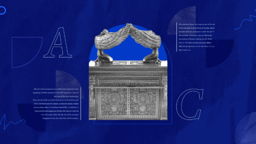 A collage featuring the Ark of the Covenant with two golden cherubim facing each other on top, set against a deep blue patterned background with large letters A and C and biblical text excerpts from Exodus about the construction of the ark