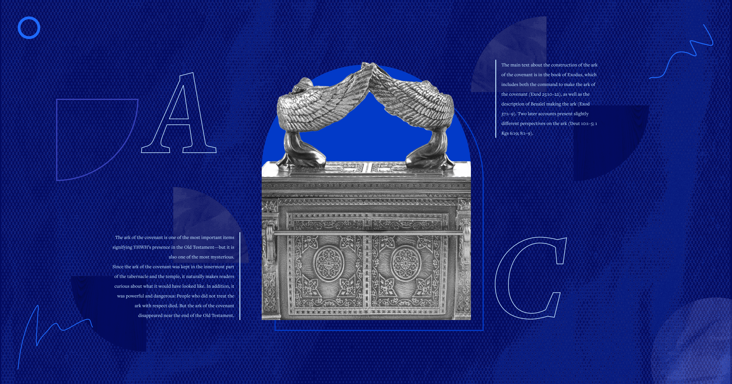 A collage featuring the Ark of the Covenant with two golden cherubim facing each other on top, set against a deep blue patterned background with large letters A and C and biblical text excerpts from Exodus about the construction of the ark