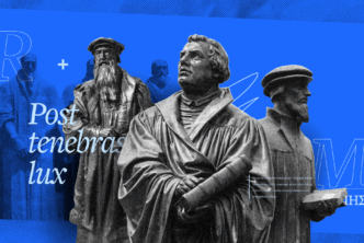 An image of three statues of Reformation figures like Martin Luther along with the Latin words, Post tenebras lux.