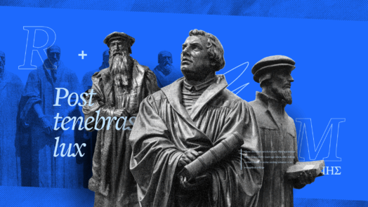 An image of three statues of Reformation figures like Martin Luther along with the Latin words, Post tenebras lux.