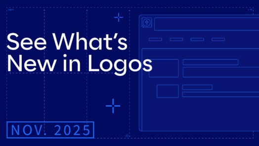 Promotional image inviting visitors to See What's New in Logos, November 2025, set against a dark blue background.