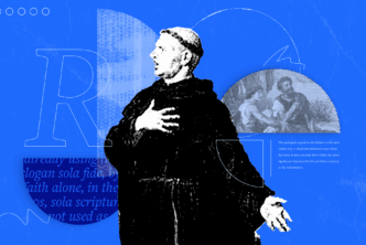 An image of Martin Luther along with text from the article and the letter R for Reformation.