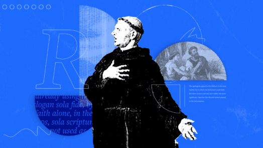 An image of Martin Luther along with text from the article and the letter R for Reformation.