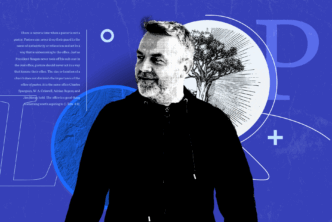 A pastor walks forward with a collage of a tree and the letters L and P in the background, symbolizing living out faith and embodying the idea of teaching while walking around, following the example of Jesus.