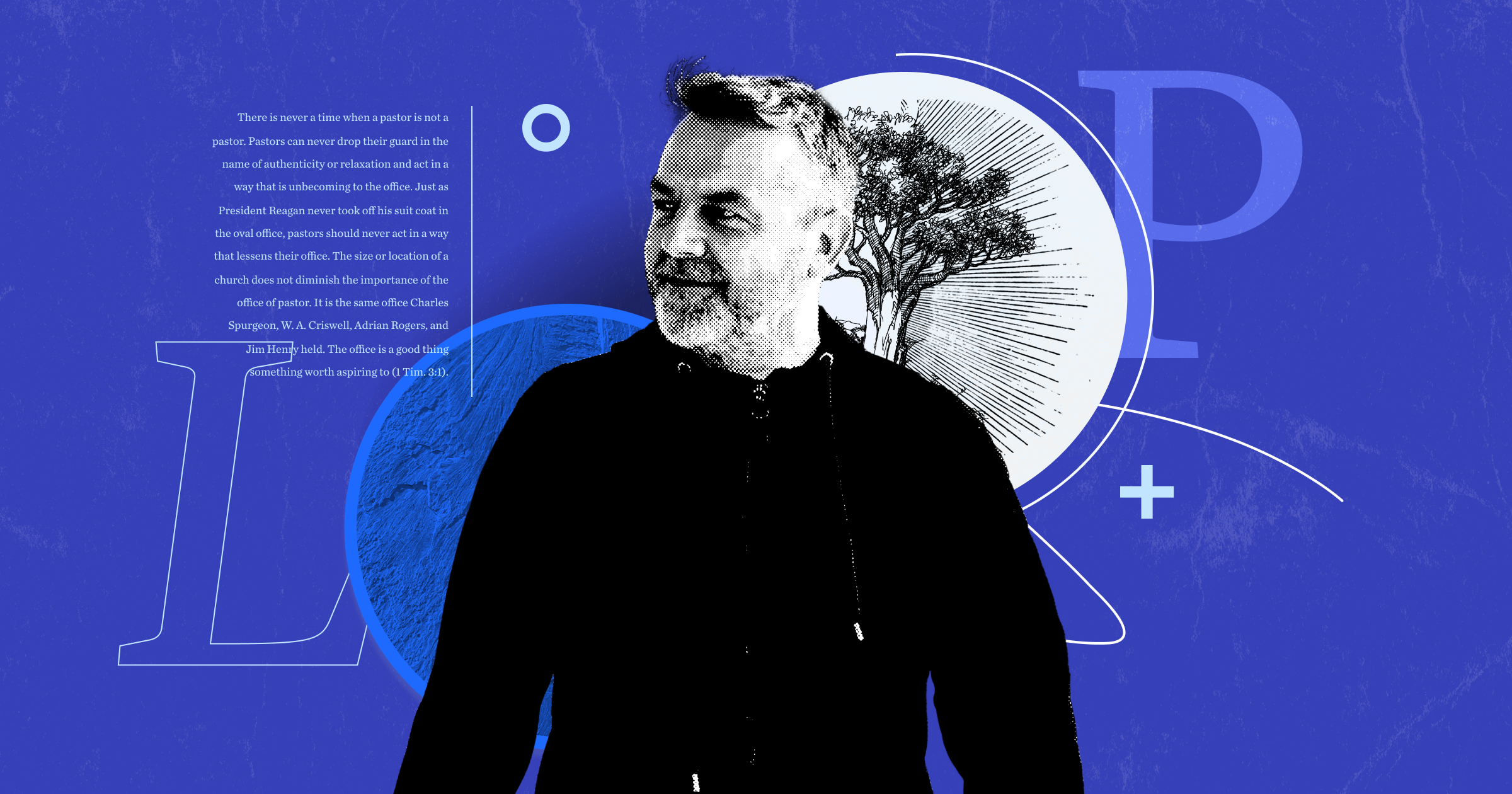 A pastor walks forward with a collage of a tree and the letters L and P in the background, symbolizing living out faith and embodying the idea of teaching while walking around, following the example of Jesus.