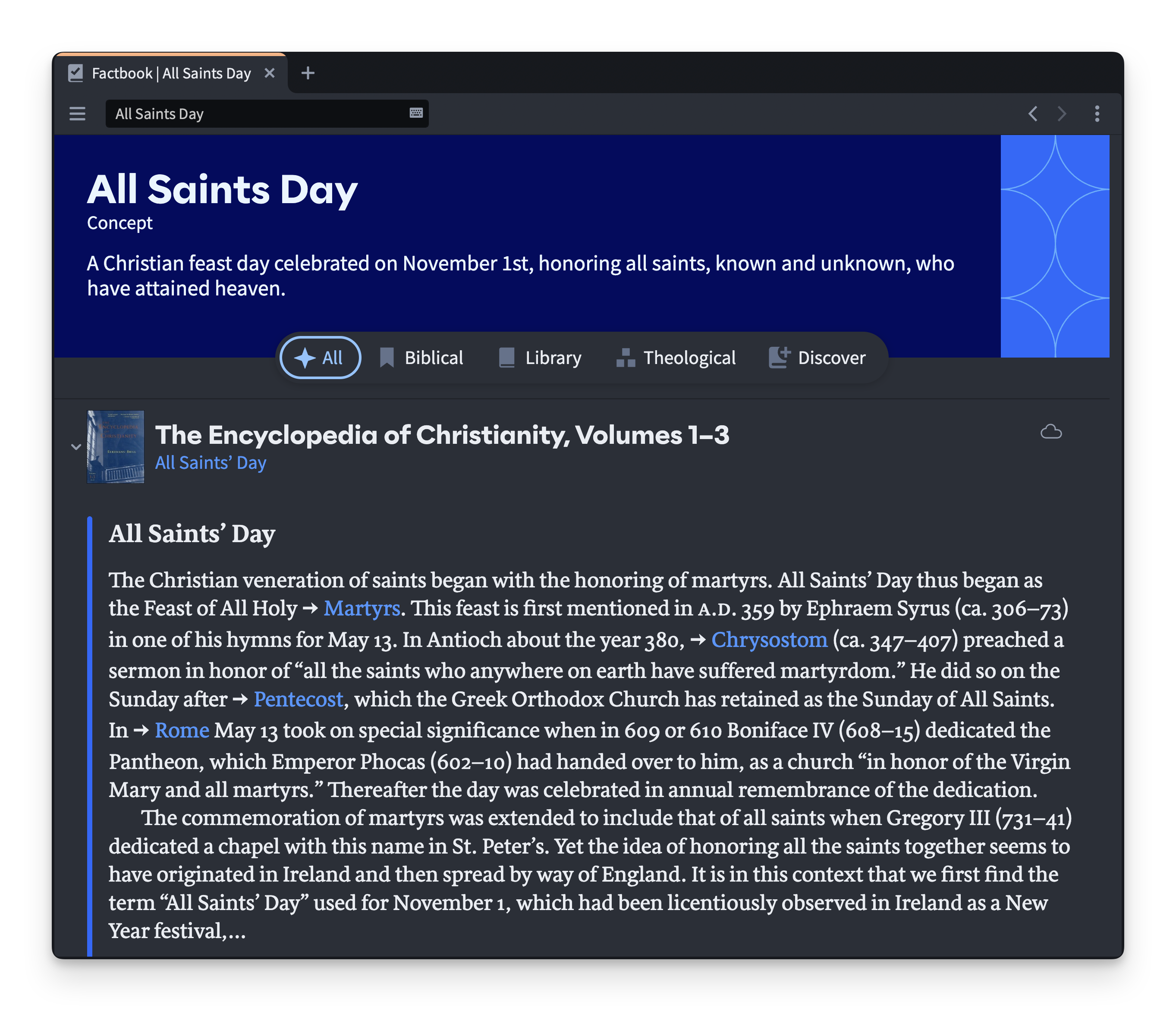 Logos Factbook open to an entry on All Saints Day.