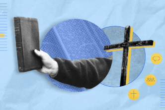 A collage-style image showing a hand holding a Bible and a cross, symbolizing an evangelical approach to Scripture that emphasizes Christ and real-life application of biblical truths.