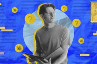 An image of a seminary student holding a tablet, surrounded by question marks, representing doubts in seminary and the challenge of maintaining faith while questioning theological concepts.