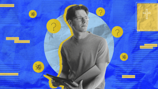 An image of a seminary student holding a tablet, surrounded by question marks, representing doubts in seminary and the challenge of maintaining faith while questioning theological concepts.