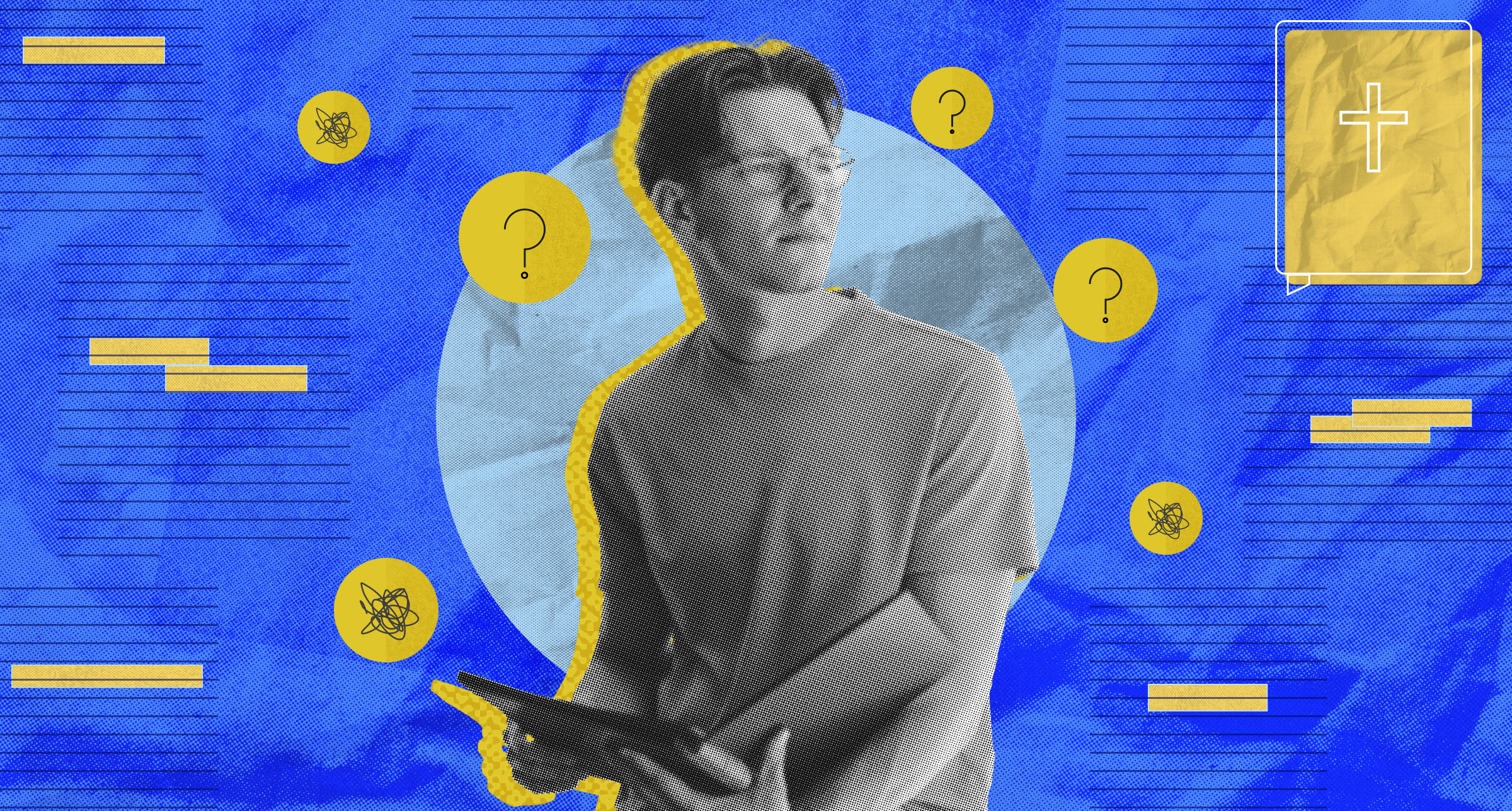 An image of a seminary student holding a tablet, surrounded by question marks, representing doubts in seminary and the challenge of maintaining faith while questioning theological concepts.