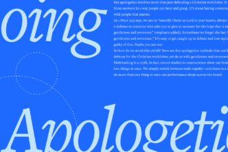 The words Doing Apologetics in large script font with an excerpt of the article in the background.