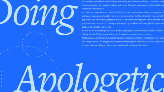 The words Doing Apologetics in large script font with an excerpt of the article in the background.