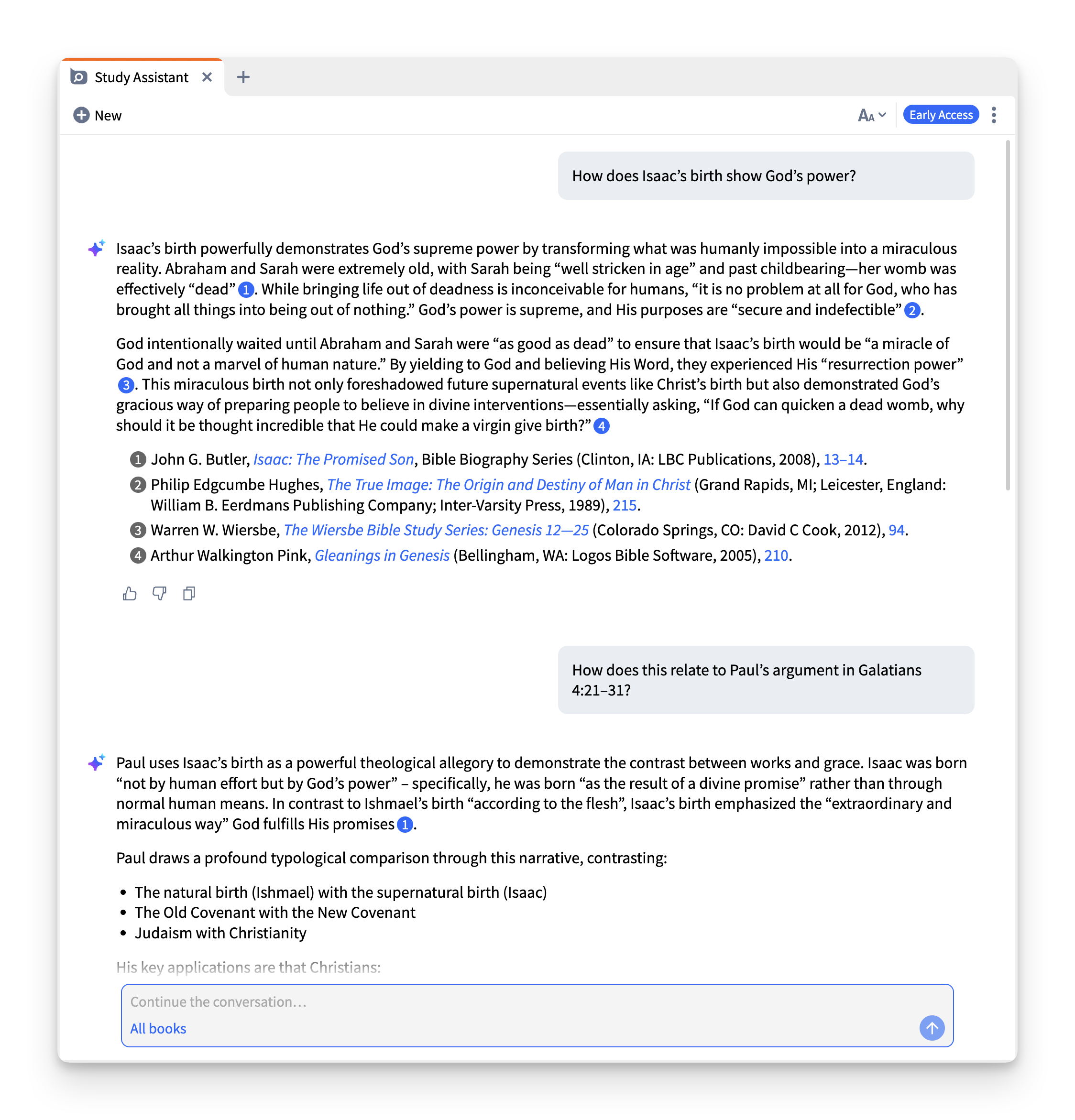 Logos Study Assistant on Isaac's birth and Paul's argument in Galatians 4.