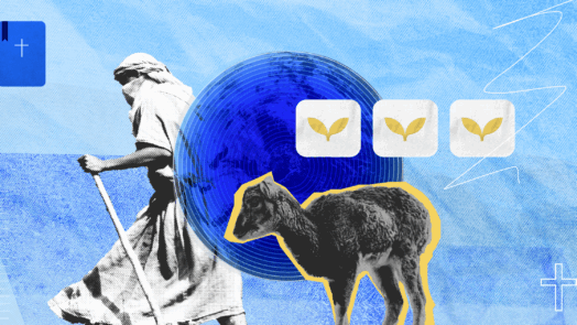 An image of a shepherd walking with a staff beside a sheep, symbolizing the imagery from Matthew 9:35-38. In the background, icons with golden sprouting leaves represent the plentiful harvest and ministry work.
