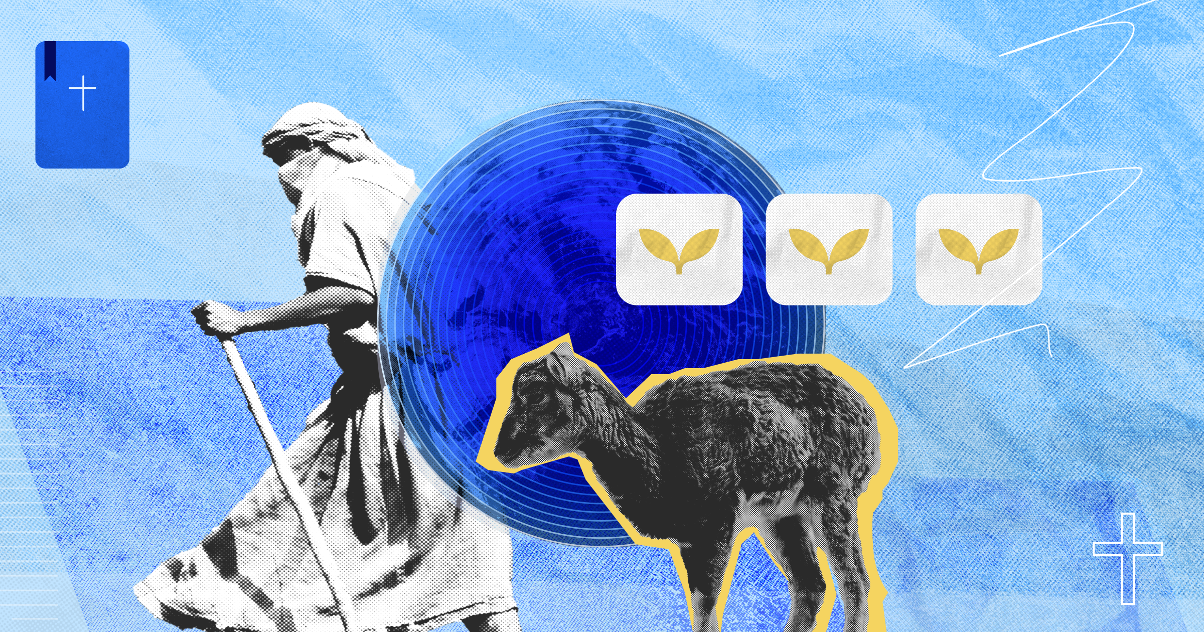 An image of a shepherd walking with a staff beside a sheep, symbolizing the imagery from Matthew 9:35-38. In the background, icons with golden sprouting leaves represent the plentiful harvest and ministry work.