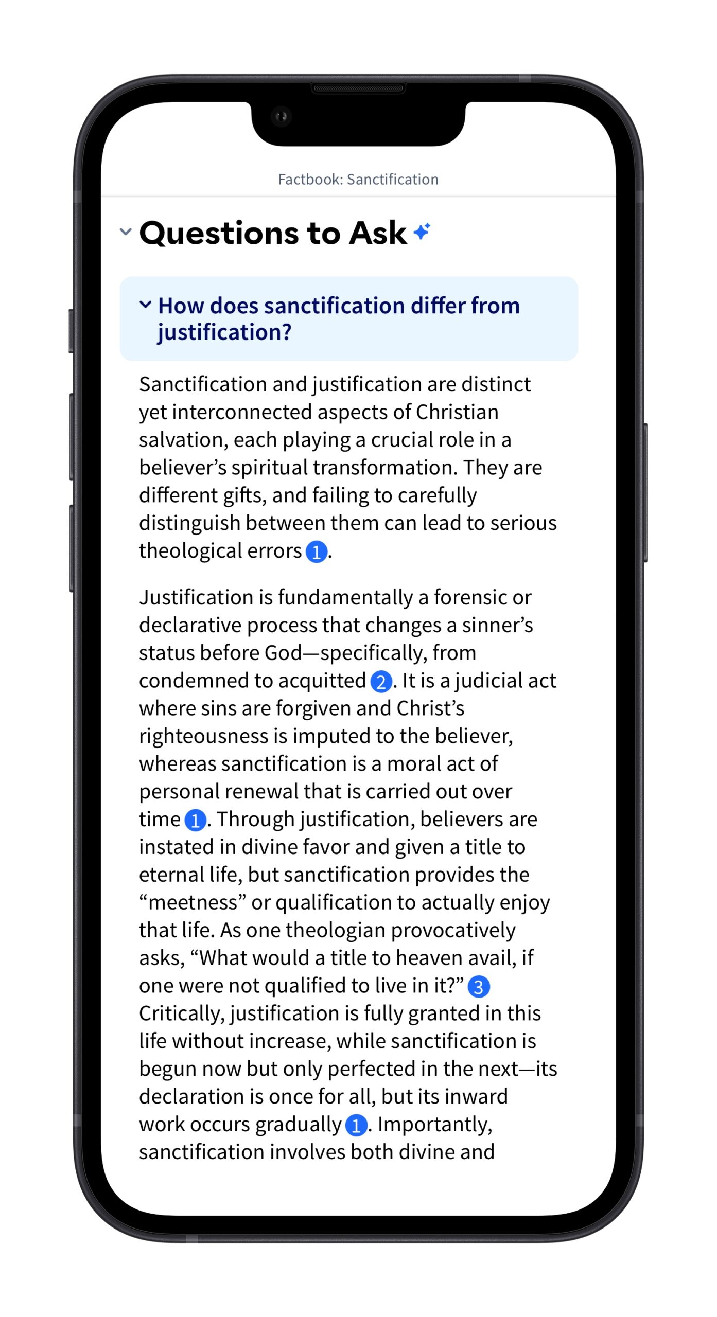 Logos Factbook on Sanctification showing additional Questions to Ask.