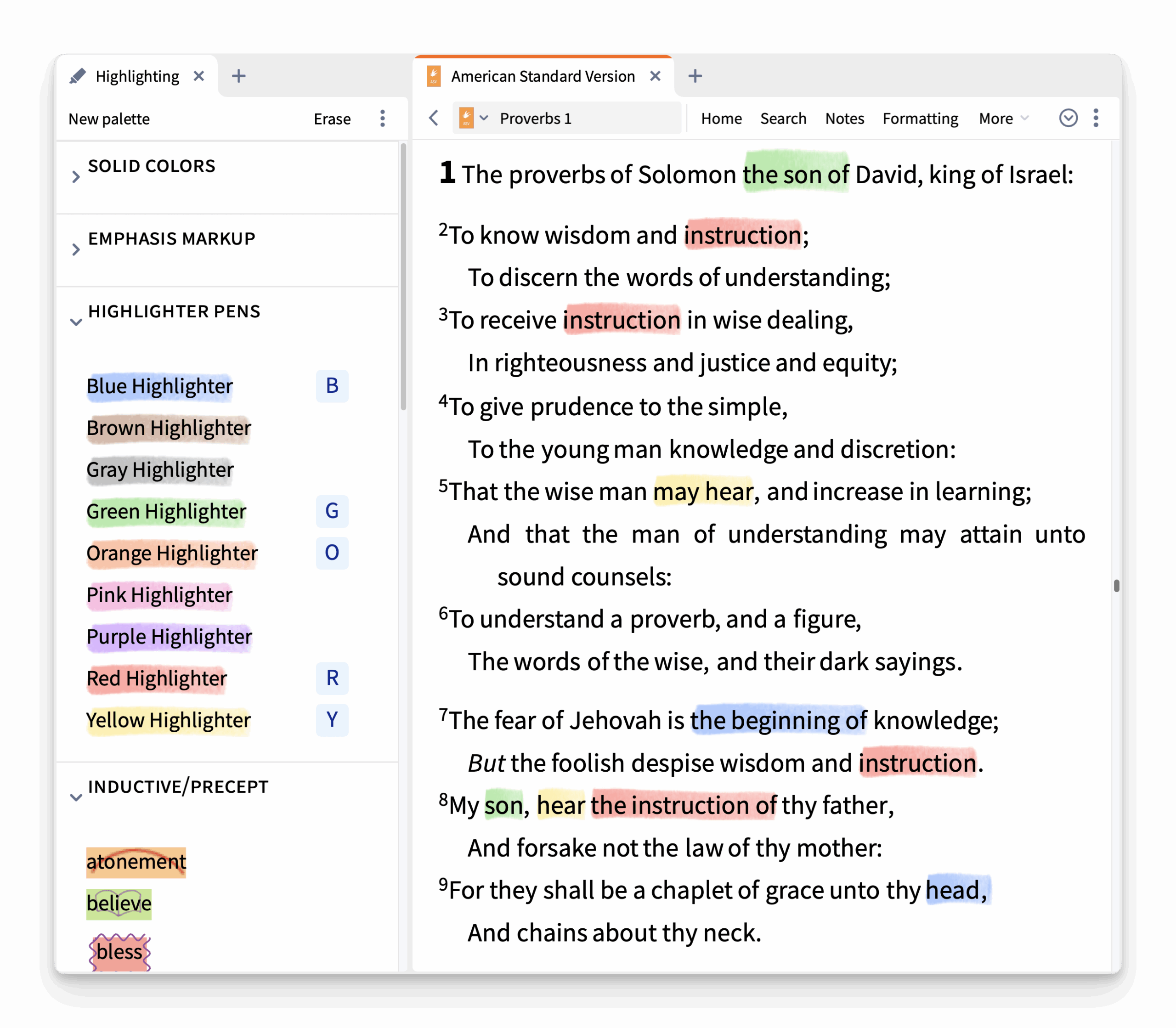 Logos's Highlights tool used on Proverbs 1.