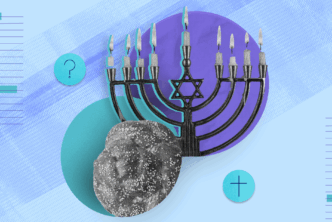 An image of a stylized Menorah and an image of challah bread.