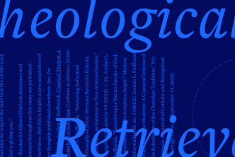 The phrase Theological Retrieval in large script font with an excerpt from the article in the background.