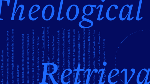 The phrase Theological Retrieval in large script font with an excerpt from the article in the background.