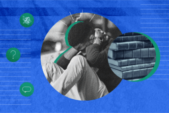 An image of a student showing signs of anxiety and depression along textbooks to represent the pressure of academic life.