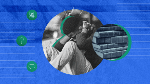 An image of a student showing signs of anxiety and depression along textbooks to represent the pressure of academic life.