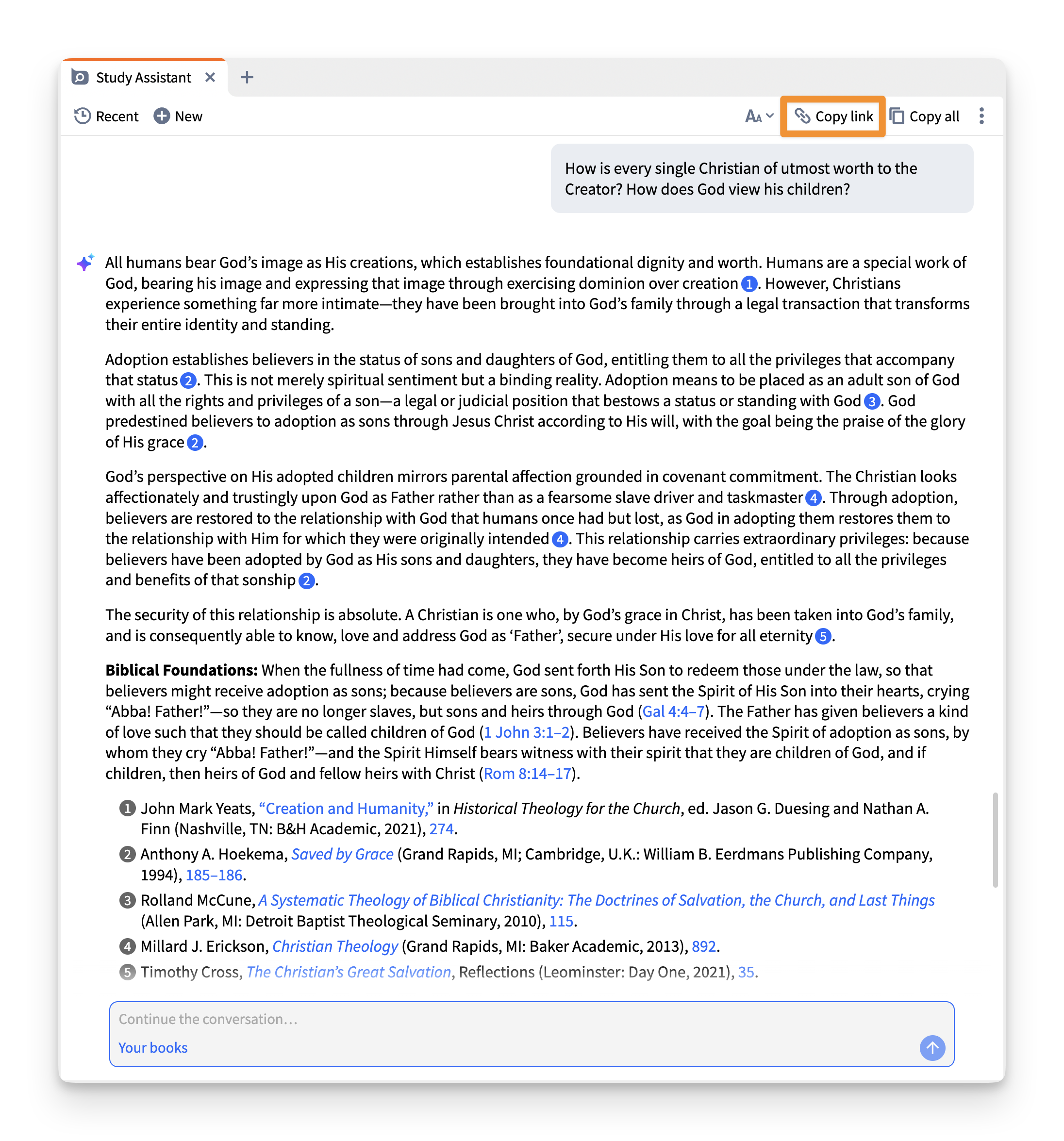 Logos's Study Assistant providing a response to a question about Christian's worth.