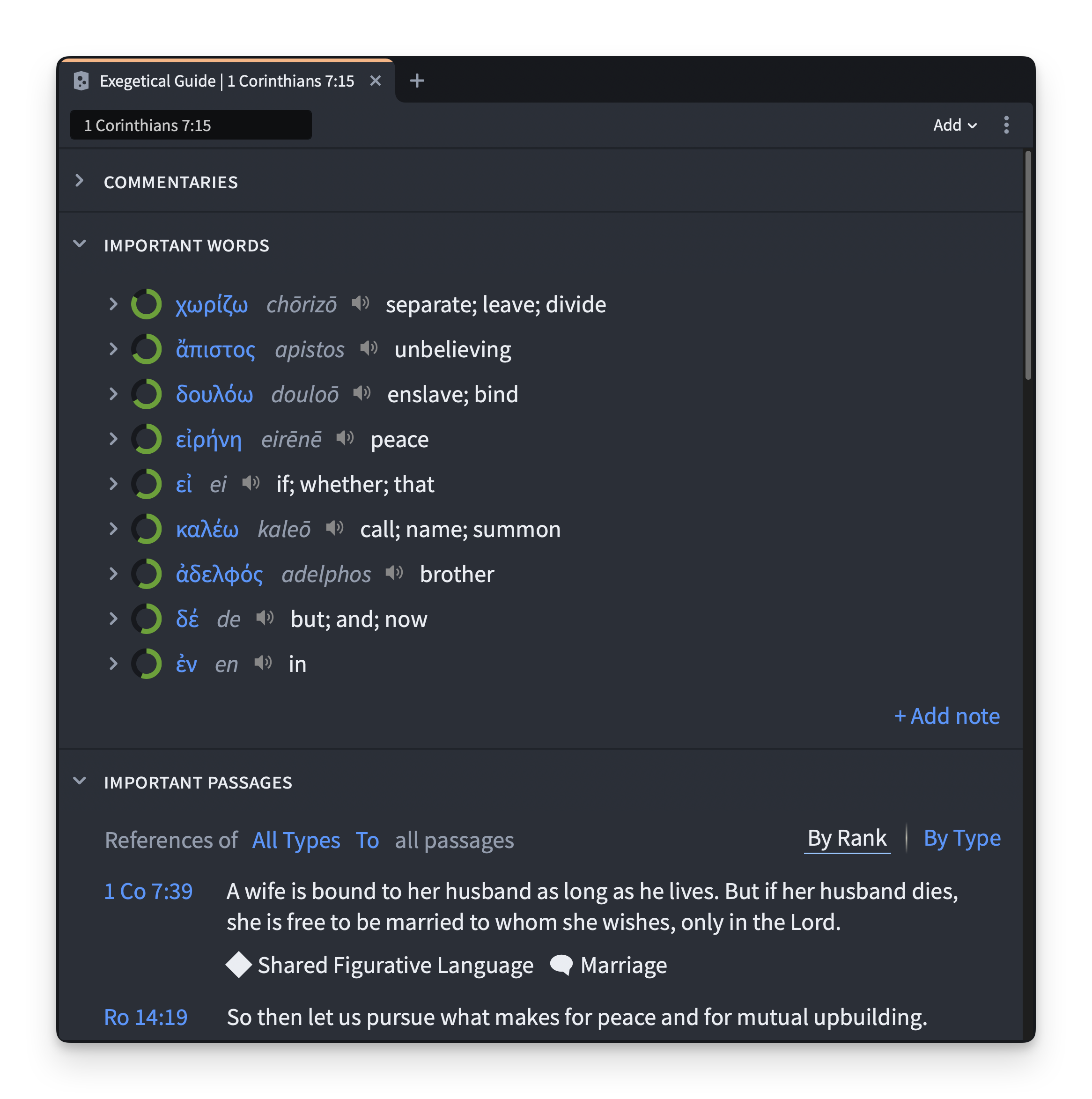 Logos's Exegetical Guide on 1 Corinthians 7 showing the Important Words section