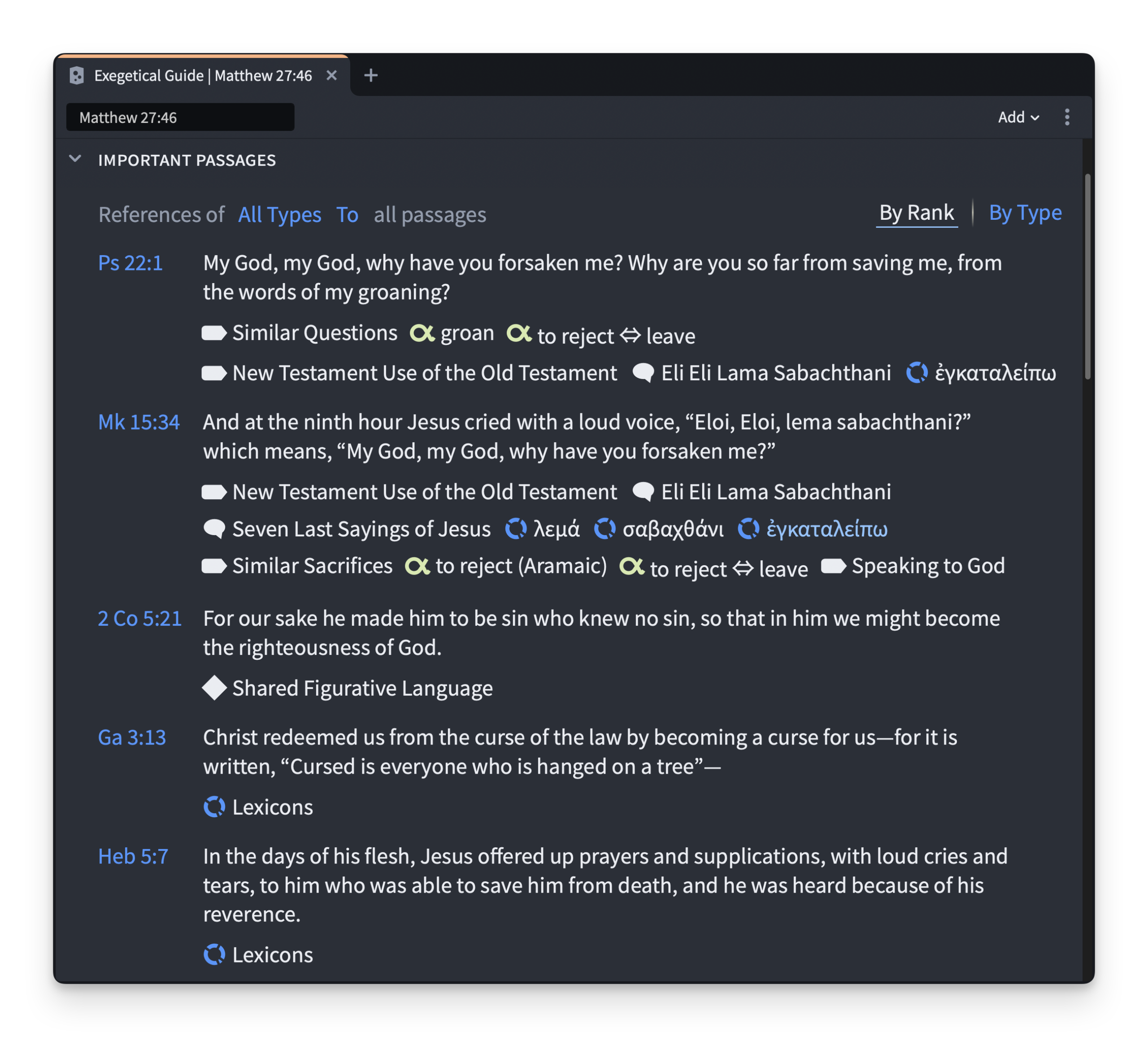 Logos's Exegetical Guide showing the Important Passages section for Matthew 27:46.
