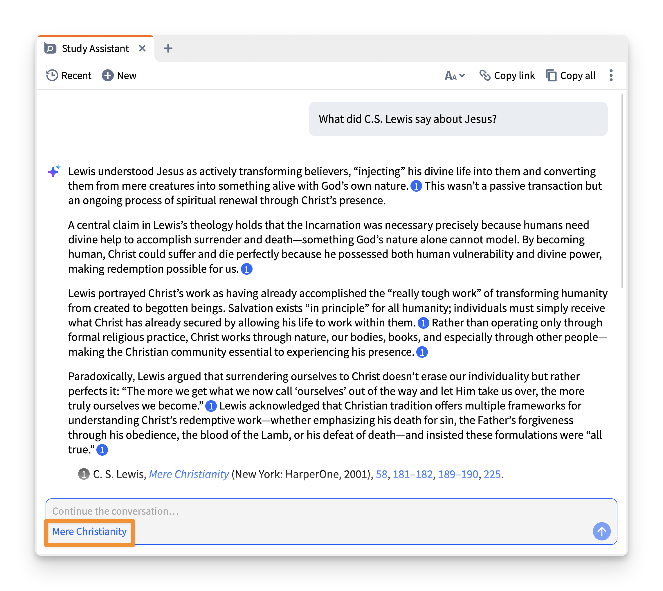 Logos's Study Assistant asking a question with the Collection Picker set to C.S. Lewis's Mere Christianity.