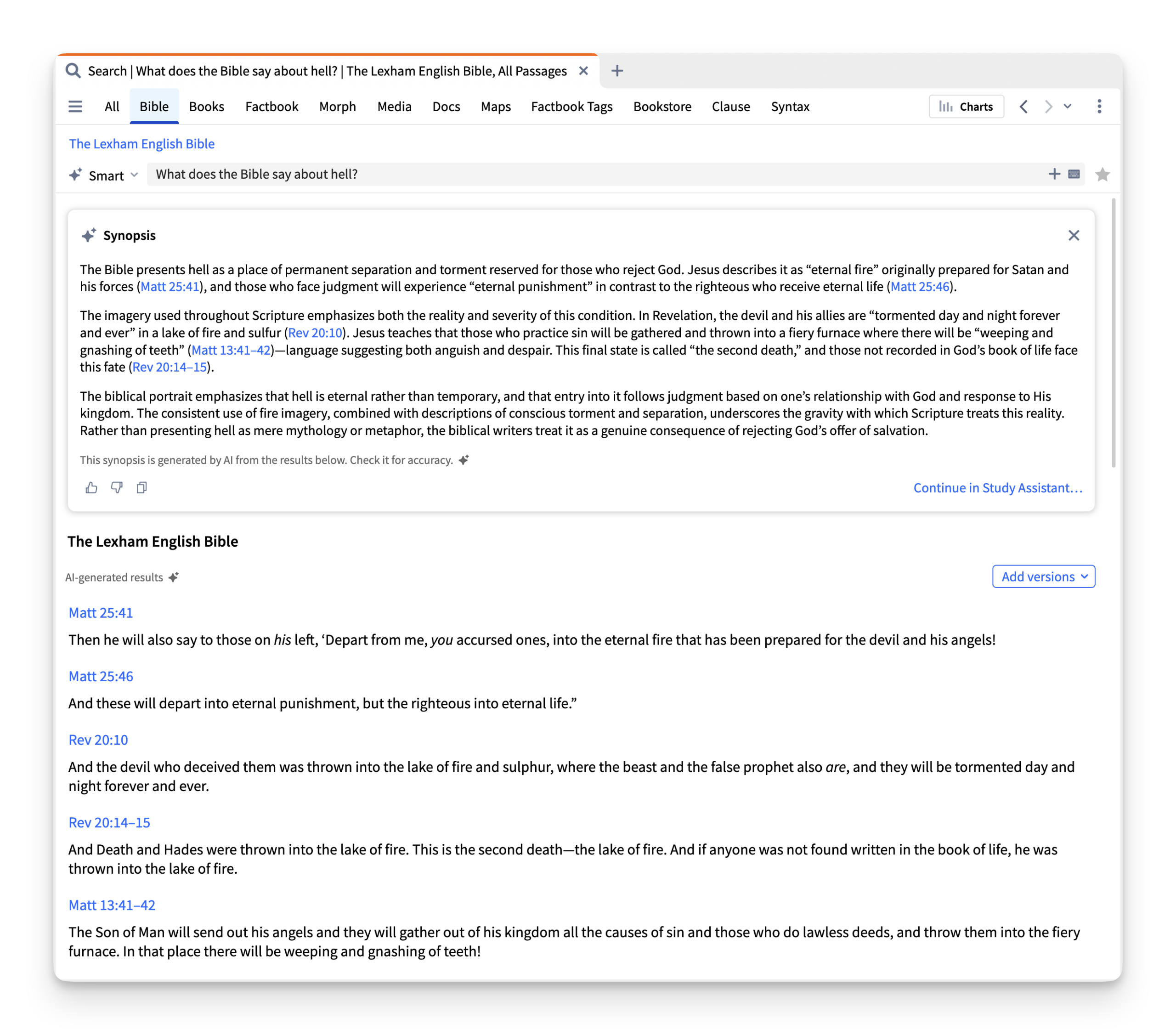 Logos's Smart Search in Bible on hell..
