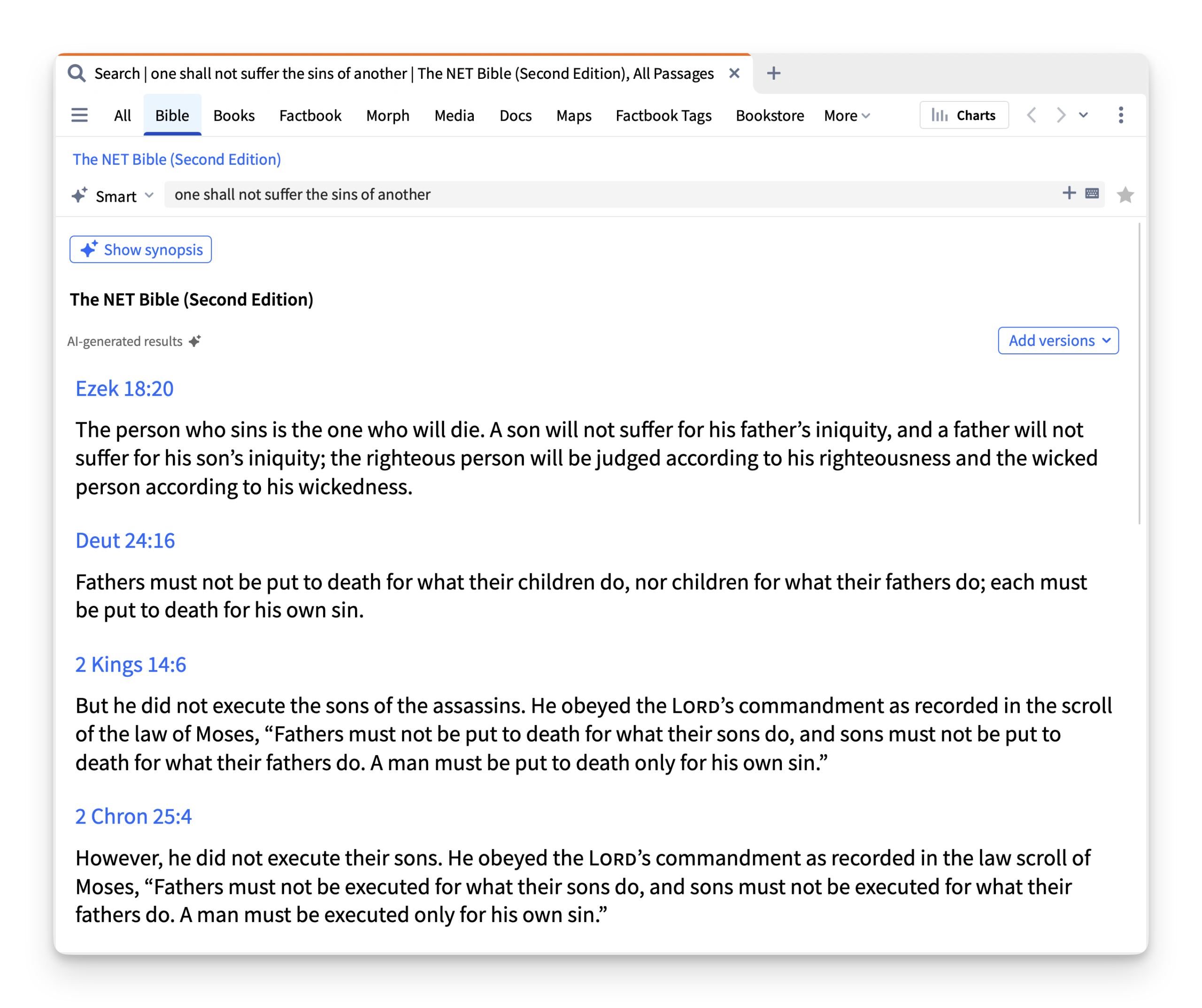 Smart Search in Bible on prohibitions against suffering for the sins of another.