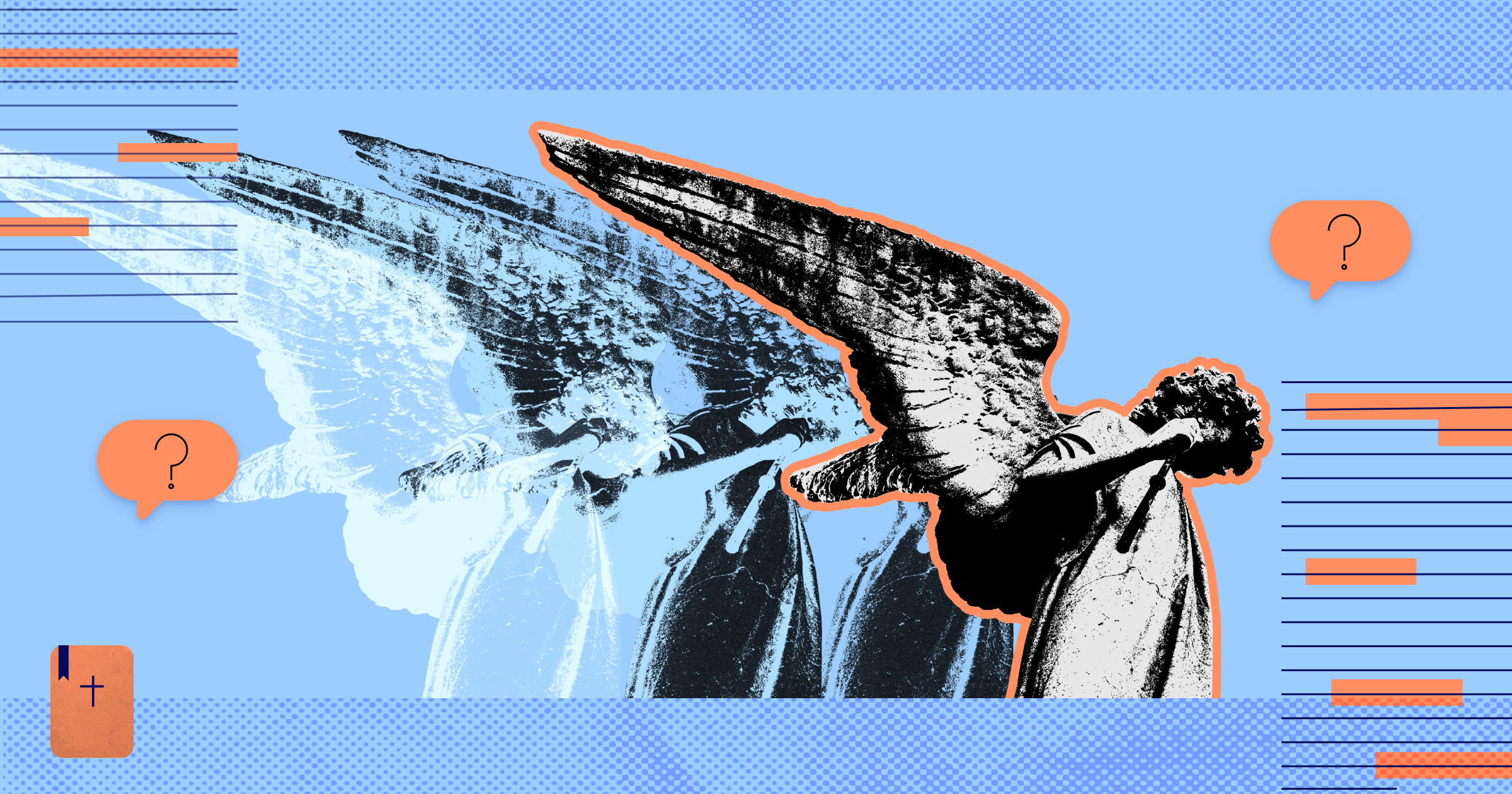 A collage of an angel statue with question marks set against a light blue background