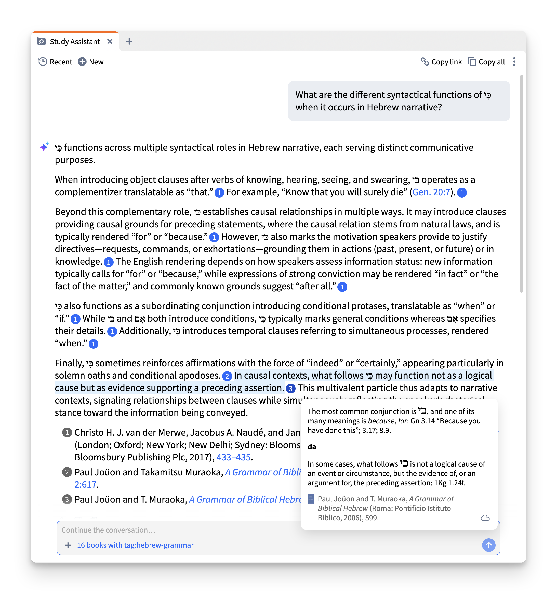 Logos's Study Assistant providing a summary answer with citations on a question posed to Hebrew grammars.