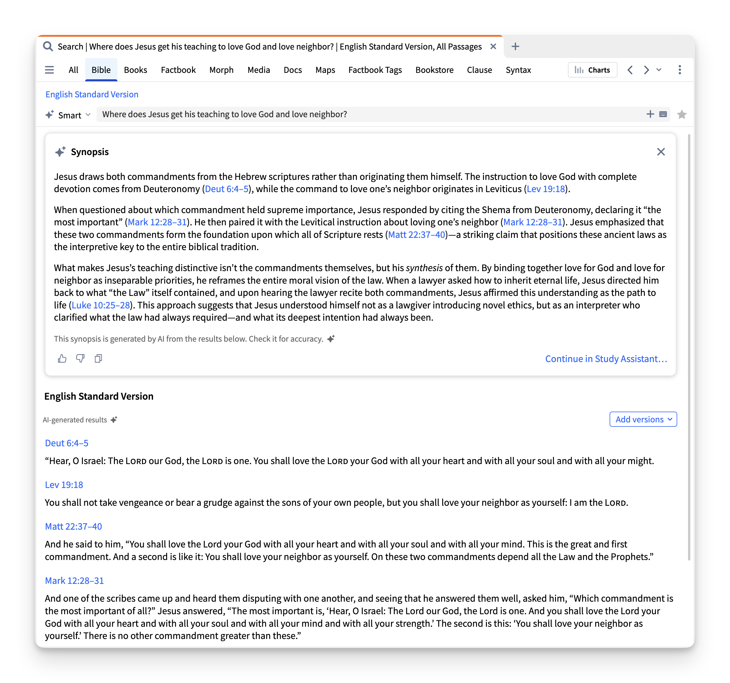 Logos's Smart Search in Bible on loving God and neighbor