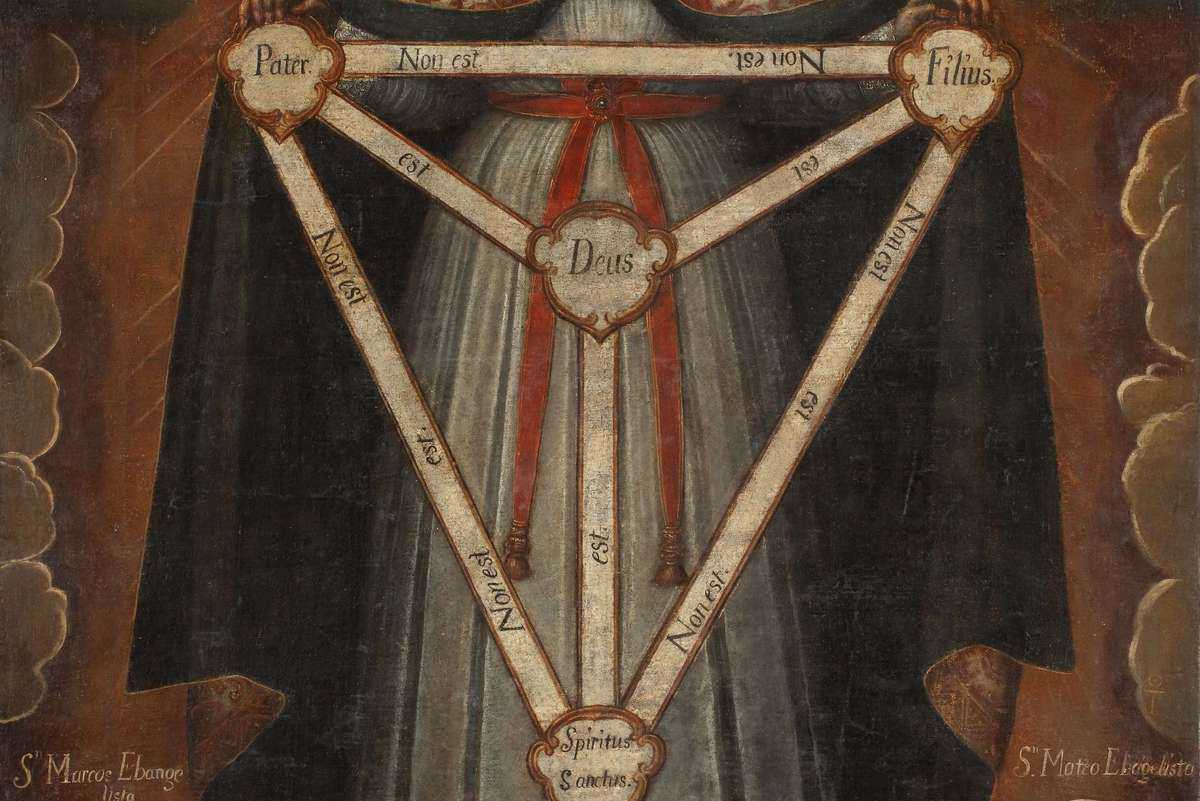 Deus латынь. Икона Троицы смесоипостасная. Смесоипостасная икона Святая Троица. Икона трехликая Троица. Необычные иконы православные.